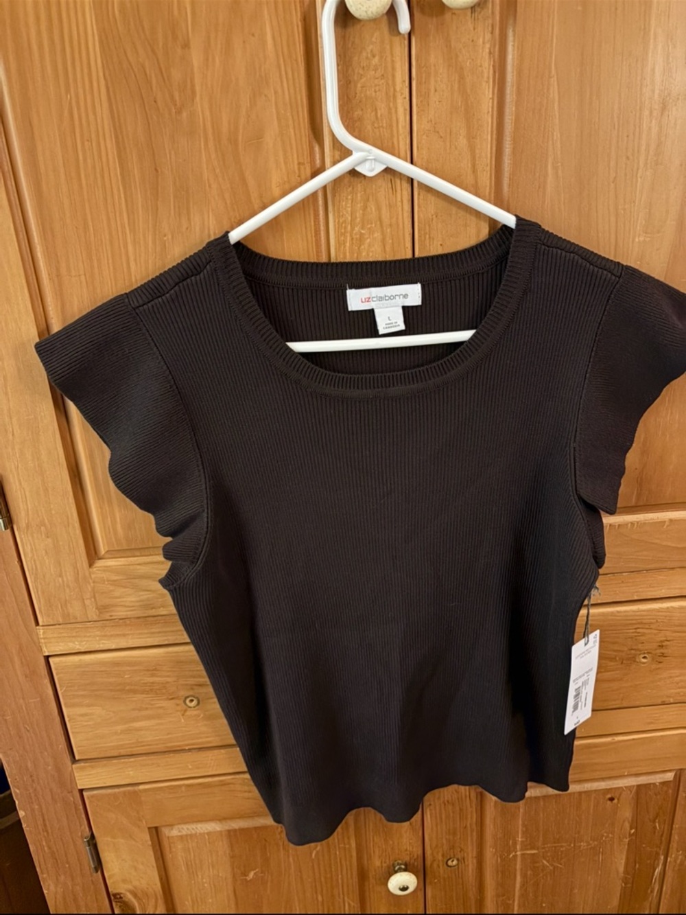 Liz Claiborne Flutter Sleeve Rib Knit Top Brown Chocolate